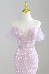 Mermaid V Neck Tulle Sequin Purple Long Evening Prom Dress, Purple Long Formal Dress