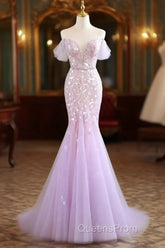 Mermaid V Neck Tulle Sequin Purple Long Evening Prom Dress, Purple Long Formal Dress