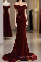 Mermaid Velvet Burgundy Long Evening Prom Dress, Burgundy Long Evening Dress