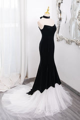 Mermaid Velvet Tulle Black Long Evening Prom Dress, Black Long Formal Dress