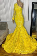 Mermaid Yellow One Shoulder Long Sleeve Evening Prom Dress