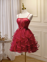 Mini/Short Burgundy Prom Dress, Puffy Cute Burgundy Homecoming Dress