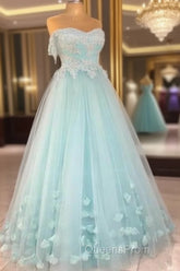 Mint Blue Sweetheart Tulle With Lace And Flowers Formal Dress, Tulle Long Evening Prom Dress Party Dress