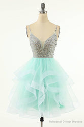 Mint Green Beaded Layered Tulle Homecoming Dress