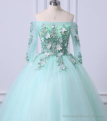 Mint Green Tulle Off Shoulder Long Sleeve Lace Applique Sweet 16 Prom Dress, Formal Dress