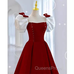 Modest A Line Long Short Sleeves Satin Red Evening Prom Dress