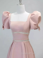 Modest A Line Short Sleeves Long Pink Evening Prom Dress
