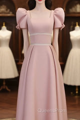 Modest A Line Short Sleeves Long Pink Evening Prom Dress