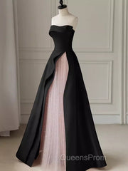 Modest A Line Strapless Long Satin Black Evening Prom Dress