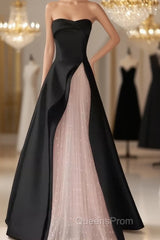 Modest A Line Strapless Long Satin Black Evening Prom Dress