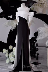 Modest A Line Strapless Long Sleeveless Satin Black Evening Prom Dress
