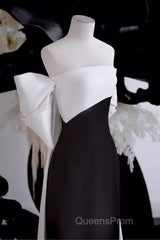 Modest A Line Strapless Long Sleeveless Satin Black Evening Prom Dress