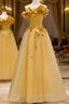 Modest A Line Strapless Yellow Tulle Long Evening Prom Dress Party Dress