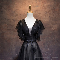 Modest Black Long A-line V-neck Black Prom Dresses Chic Party Dress