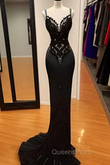 Modest Black Spaghetti Strap Mermaid Satin Evening Prom Dress Long Evening Prom Dress