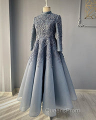 modest blue Evening Prom Dress lace emroidery evening Dress