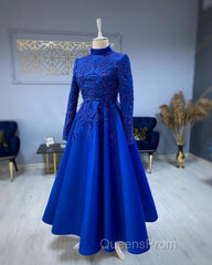 modest blue Evening Prom Dress lace emroidery evening Dress