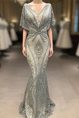 Modest Evening Dress Long Gray Lace Appliqu篓娄 Beaded Elegant Mermaid Evening Prom Dress