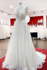 Modest Long A-line V-neck Tulle Ruffles Backless Wedding Dress With Lace