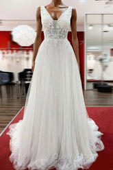 Modest Long A-line V-neck Tulle Ruffles Backless Wedding Dress With Lace