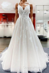 Modest Long Princess V-neck Tulle Spaghetti Straps Wedding Dress with Lace