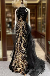 Modest Mermaid Halter Long Black Evening Prom Dress