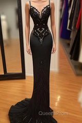 Modest Mermaid Lace Black Evening Prom Dress Long Evening Prom Dress