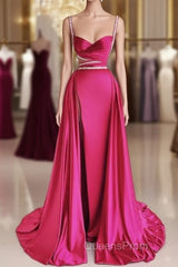Modest Mermaid Straps Long Hot Pink Slit Satin Evening Prom Dress