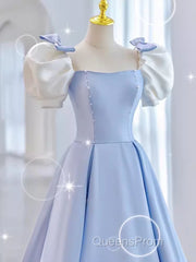 Modest Princess Short Sleeves Long Blue Satin Evening Prom Dress