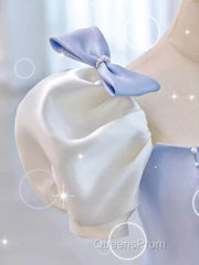 Modest Princess Short Sleeves Long Blue Satin Evening Prom Dress