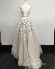 Modest Evening Prom Dress Tulle Cap Sleeves Lace Embroidery