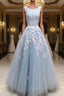 Modest Evening Prom Dress Tulle Cap Sleeves Lace Embroidery