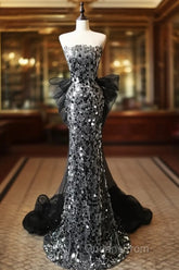 Modest Silver Mermaid Strapless Sequin Tulle Long Evening Prom Dress Formal Evening Dress