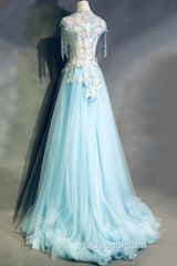 Modest Sky Blue A-Line Tulle Beading Embroidery Appliques Long Evening Prom Dress Pageant Gown