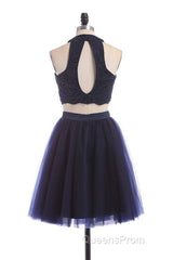 Modest Two Pieces Sleeveless Hollow Navy Blue Homecoming Dress
