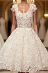 A-line Scoop Lace Short Evening Prom Dress Cap Sleeves Homecoming Dress