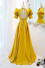 Mustard Yellow Satin Backless Dress With Sleeves