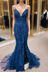 Navy Appliques Lace-Up Back Mermaid Long Evening Prom Dress With Slit