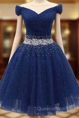 Navy Beaded Sweetheart Off Shoulder Tulle Homecoming Dress