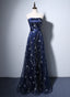 Navy Blue A-Line Tulle Long Classy Evening Dress, Navy Blue Classy Prom Dress