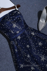 Navy Blue A-Line Tulle Long Evening Dress, Navy Blue Evening Prom Dress