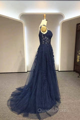 Navy Blue A-Line Tulle With Lace Evening Prom Dress, Navy Blue Long Party Dress