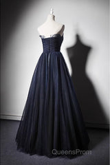 Navy Blue A-Line Tulle With Lace Scoop Long Evening Prom Dress, Navy Blue Evening Dress