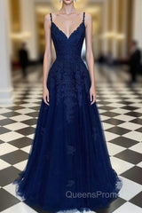 Navy Blue A-Line V-neck Floor-Length Chiffon Evening Prom Dress With Lace Sequins