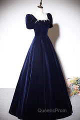 Navy Blue A-Line Velvet Long Evening Dress, Short Sleeves Beaded Evening Prom Dress