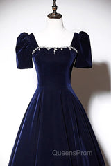 Navy Blue A-Line Velvet Long Evening Dress, Short Sleeves Beaded Evening Prom Dress