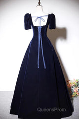 Navy Blue A-Line Velvet Long Evening Dress, Short Sleeves Beaded Evening Prom Dress