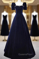 Navy Blue A-Line Velvet Long Evening Dress, Short Sleeves Beaded Evening Prom Dress