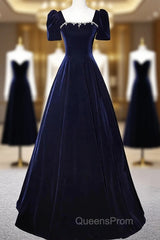 Navy Blue A-Line Velvet Long Evening Dress, Short Sleeves Beaded Evening Prom Dress