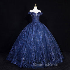 Navy Blue Ball Gown Long Formal Dress, Off Shoulder Navy Blue Party Dress